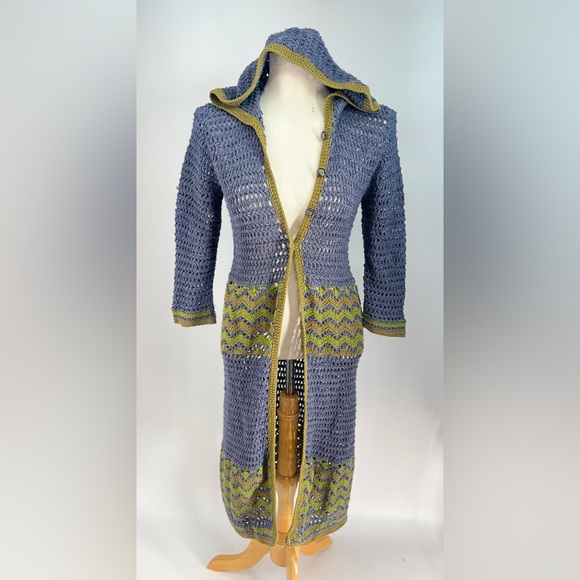 Anna Sui Sweaters - James Coviello Anna Sui Vintage 1990s Witchy Boho Crotchet Long Hooded Cardigan